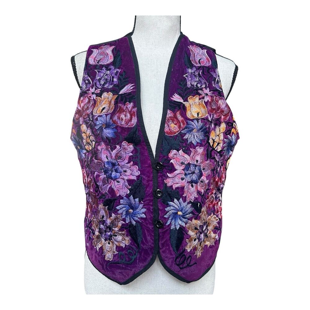 Vintage Handmade Guatemalan Embroidered Floral Vest Ruth Y Nohemi Med Cotton